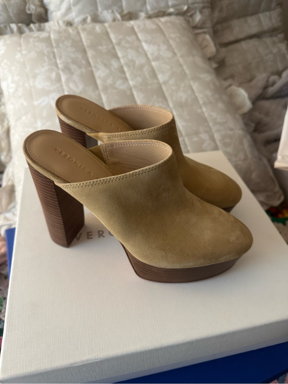 Veronica Beard Olive-Tan Suede Platform Mule Heels